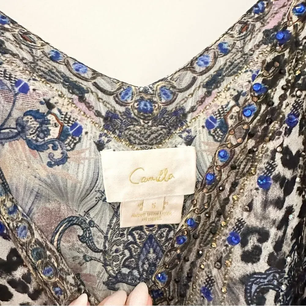 Camilla Flared Dress With Sheer Overlay Size Small 100% Silk - Picture 6 of 7